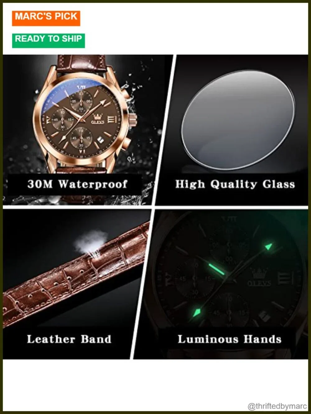 Leather Chronograph Dress Watch Luminous Analog Quartz Waterproof Men